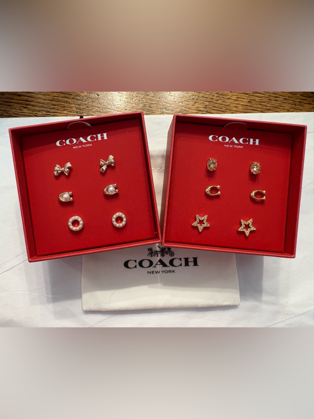 Coach Gold-Tone Earring Set with Red Presentation Boxes